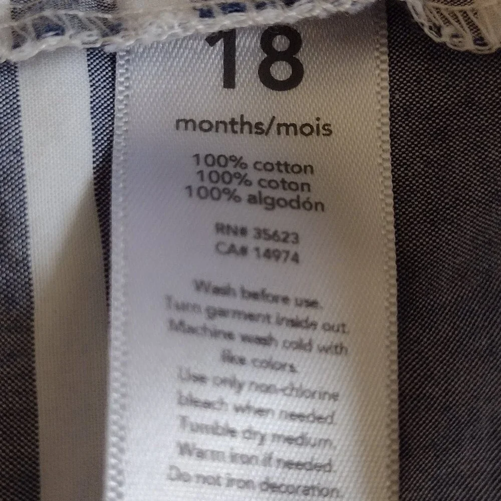 Carter's Toddlers Girls Blue White Striped Dress 18 Months, 100% Cotton